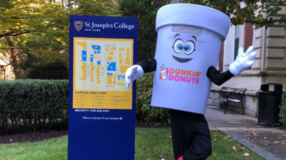 Dunkin' Donuts' mascot on campus at SJC Brooklyn