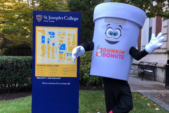 Dunkin' Donuts' mascot on campus at SJC Brooklyn