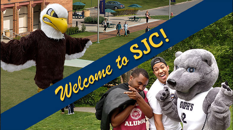 SJC Long Island's mascot and SJC Brooklyn's mascot "Welcome to SJC!"