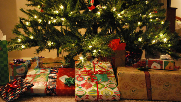 Christmas presents under a Christmas tree.