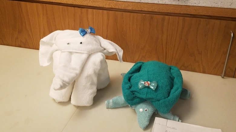 Hospitality towels shaped as animals.