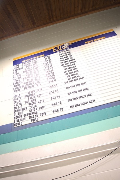 SJC Long Island's swim team record board.