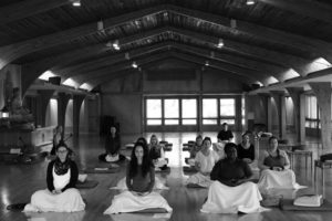 black and white photo of students meditating.