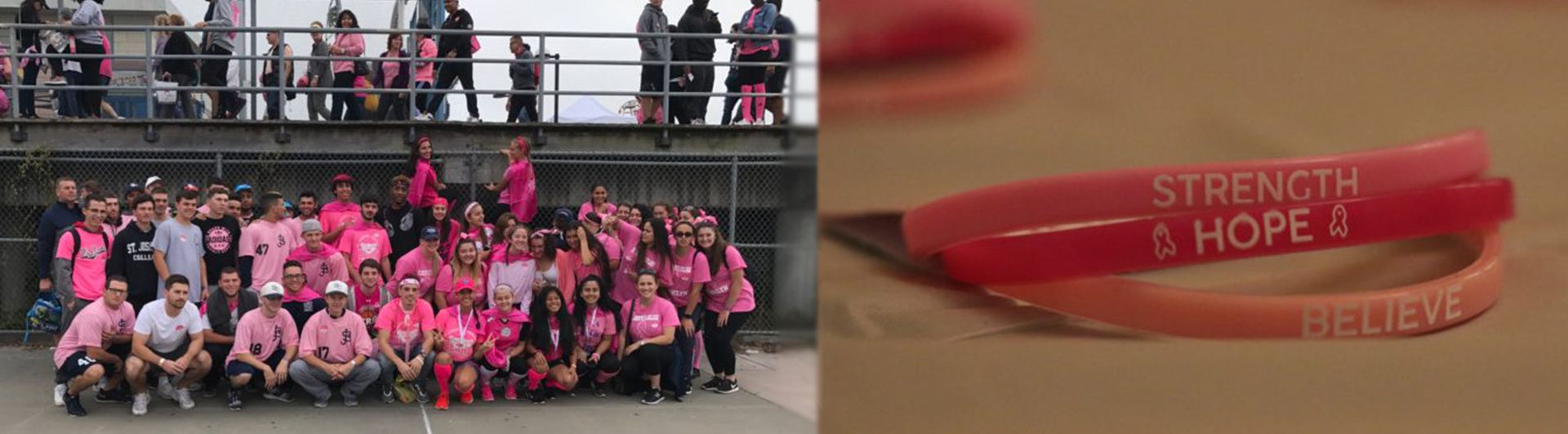 SJC students wearing pink in support of breast cancer awareness as they prepare for the annual Making Strides Against Breast Cancer Walk-a-thon at Jones Beach.