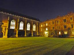 Well-lit college at night.