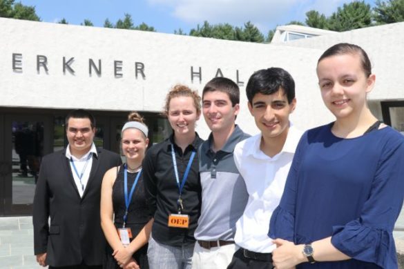 Students outside meeting hall.
