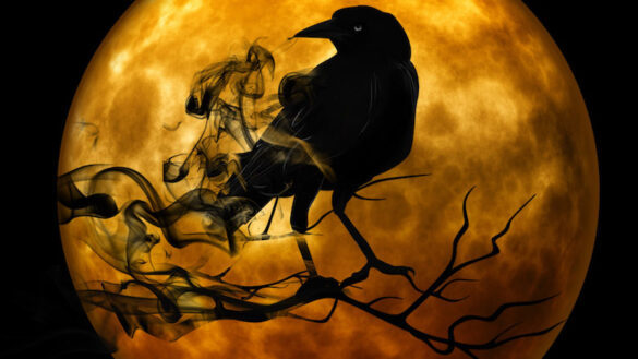 Black crow and smoke in front of a full blood moon.