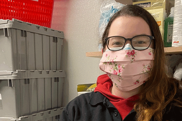Isabella Sciacca in her protective gear at Shoprite.