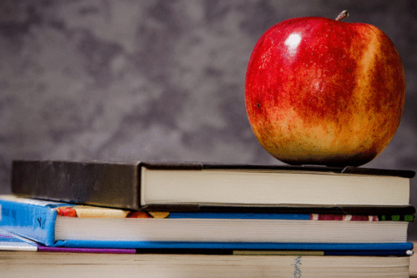 an apple on top of books stacked on a desk.