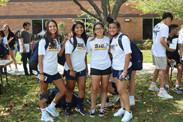 Members of the women's soccer team at the SJC Long Island Welcome Back Barbecue.