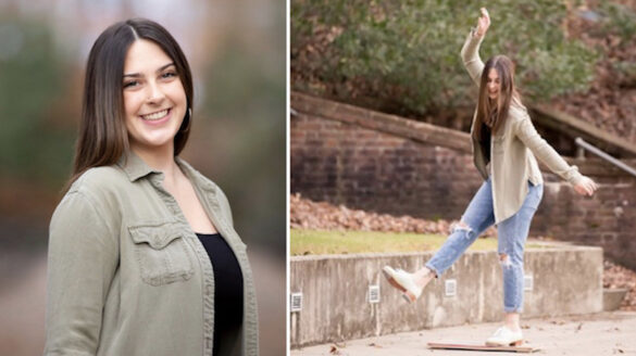 Photos of a woman smiling and dancing on the sidewalk.