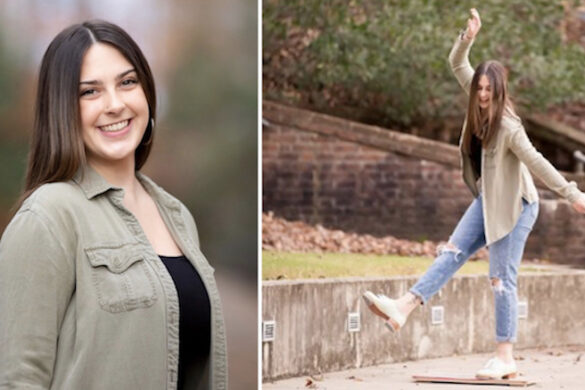 Photos of a woman smiling and dancing on the sidewalk.