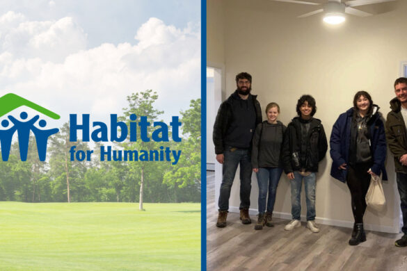 Habitat for Humanity logo on the left; SJNY students and Jonathan Galo on the right inside the Habitat for Humanity house they worked on.